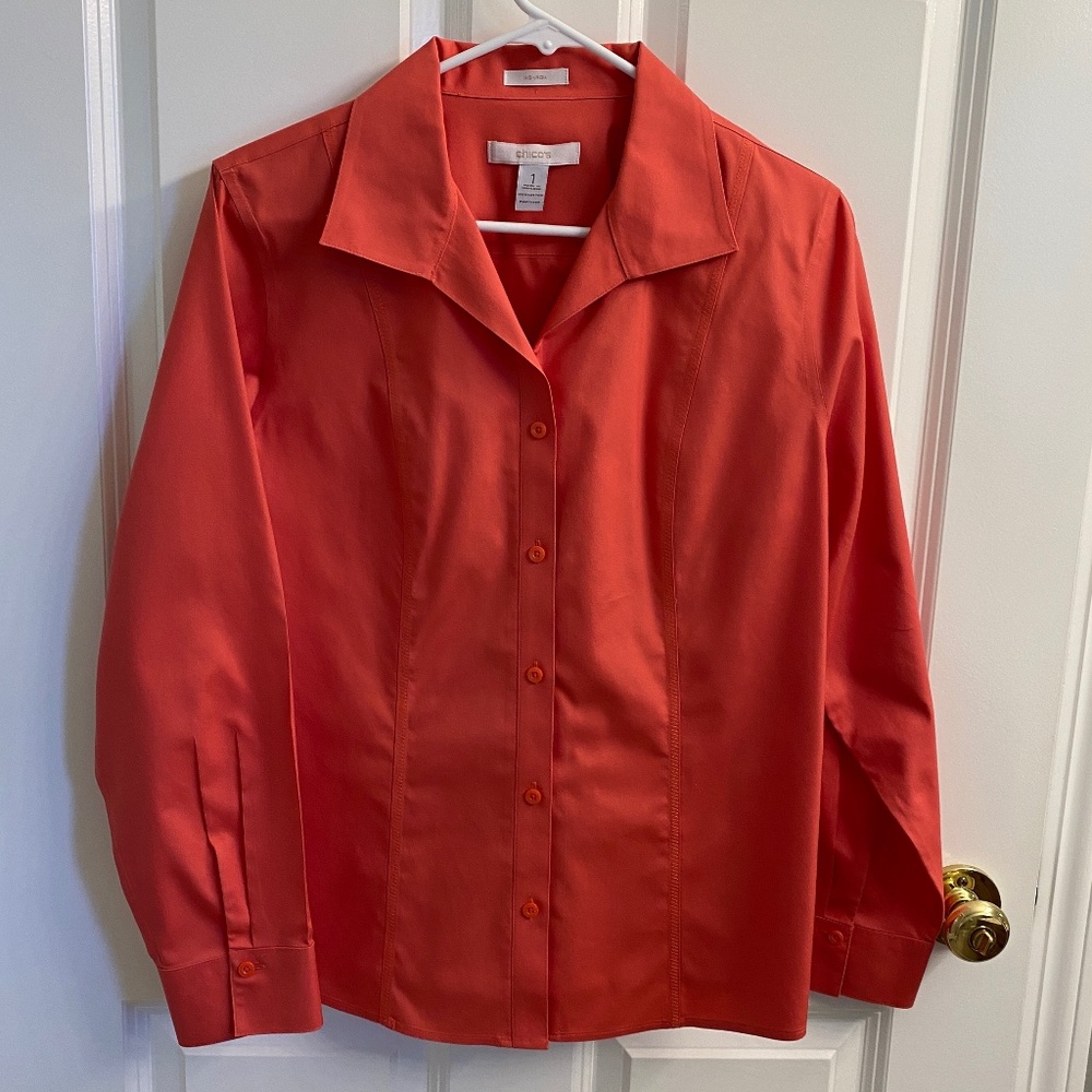 Chicos Like New No Iron Orange button down blouse, Chico's size 1 (Medium)